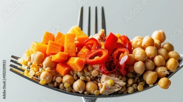 Obraz Colorful healthy ingredients stacked on a fork close-up