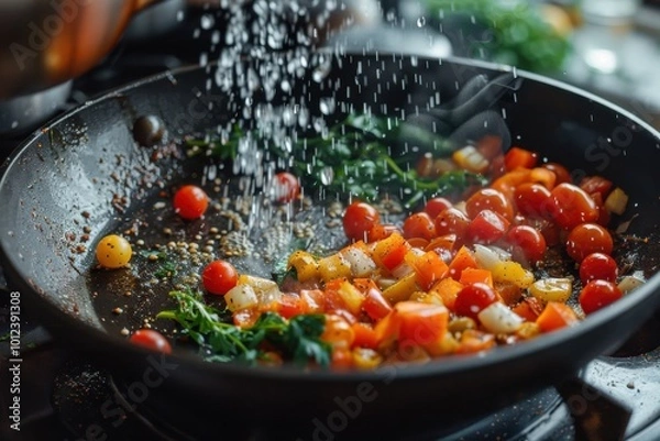 Obraz Cooking colorful vegetables with herbs in a skillet