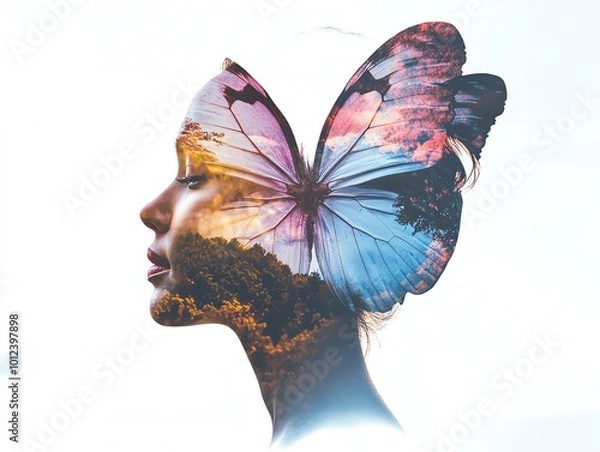 Fototapeta Vibrant natural double exposure of a woman s face overlaid with a colorful butterfly, reflecting self-care and transformation