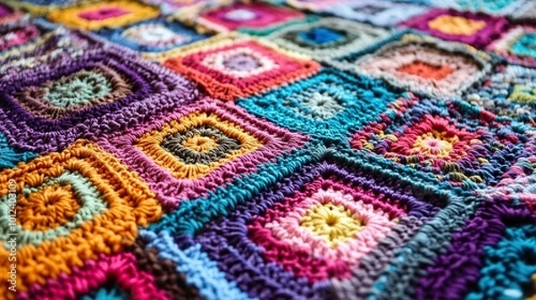 Obraz Colorful Crochet Blanket: A Close-Up View of Texture and Pattern