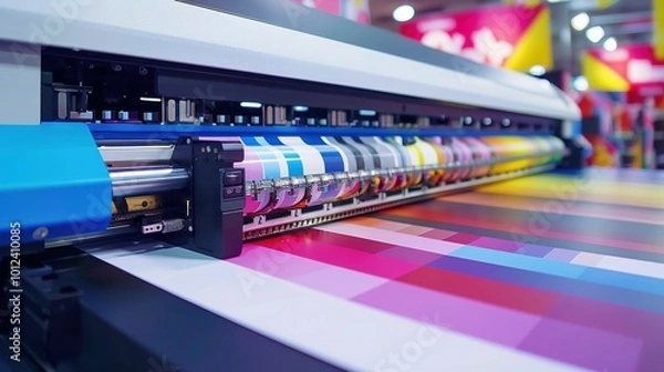 Obraz Large format printer with colorful ink cartridges and printed paper