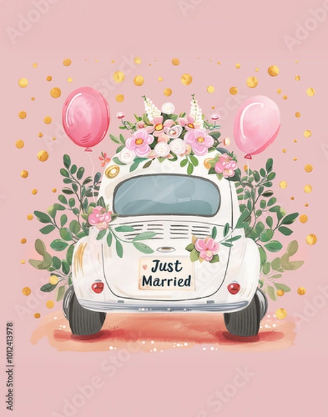 Obraz Delicate illustration with a classic car adorned with flowers and greenery, featuring a “Just Married” sign. The background is decorated with pink and gold dots, a festive atmosphere. Wedding card