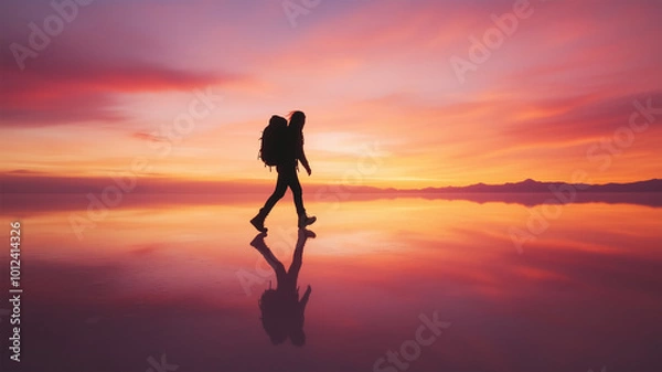 Fototapeta 夕焼けのウユニ塩湖を歩くシルエット