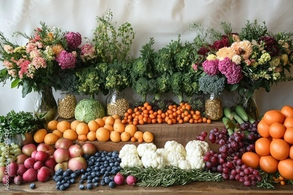 Fototapeta A colorful display of fresh fruits, vegetables, and flowers on a wooden table.
