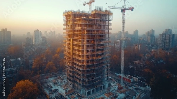 Fototapeta Aerial view of a high-rise building under construction in a city during sunrise with a crane in the background.