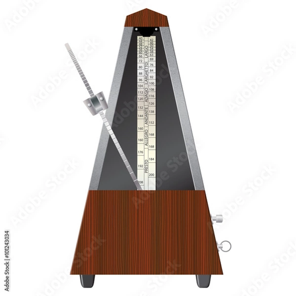 Fototapeta Classic mechanical metronome. Wooden case. Front view. Isolated