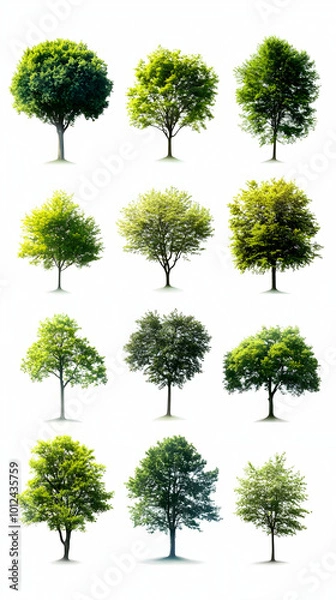 Fototapeta Nine Green Trees Photo Isolated on White Background