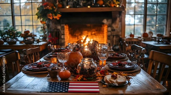 Fototapeta Cozy Fall Table Setting with Fireplace and Pumpkins