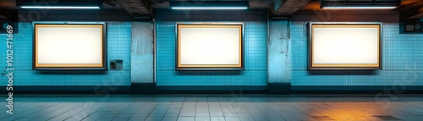 Obraz Illustration of Blank Subway Posters on Blue Tile Wall