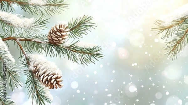 Fototapeta Christmas background with tree branches and snowflakes.