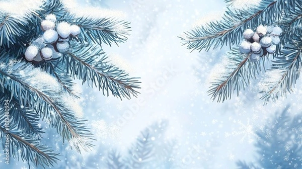 Fototapeta Christmas background with tree branches and snowflakes.