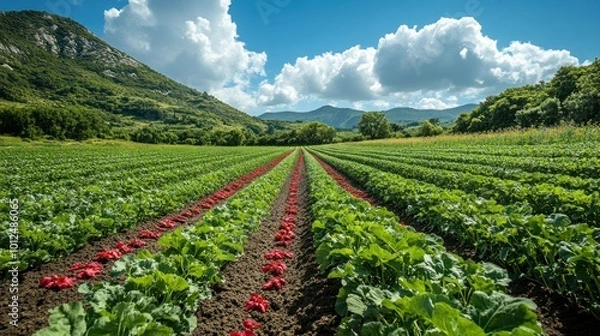 Fototapeta A field of green plants with red flowers growing in rows under a blue sky with white clouds and mountains in the distance.