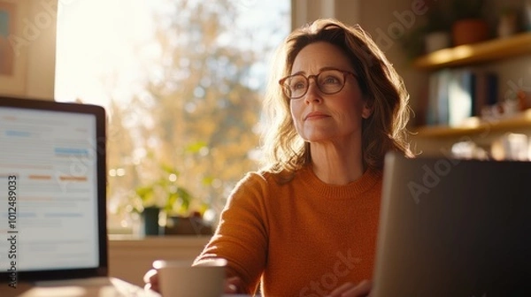 Obraz A woman in an orange sweater sits by a window with sunlight filtering through, holding a cup and wearing glasses, conveying a thoughtful and serene expression.