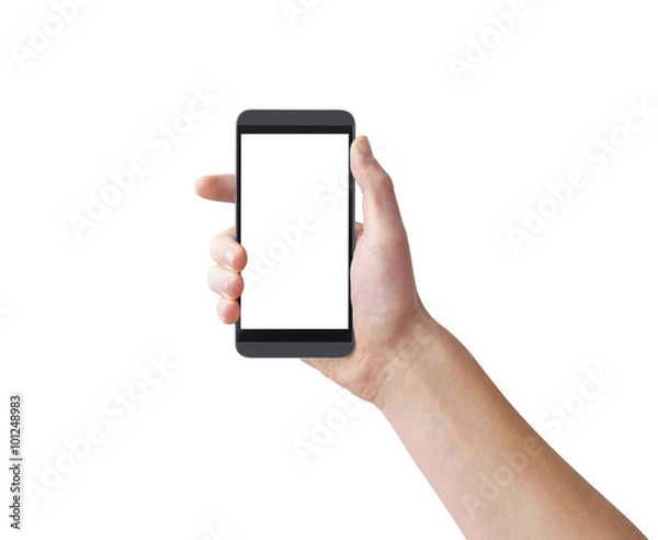 Fototapeta Right hand holding big touch screen smart phone, isolated on white, clipping path