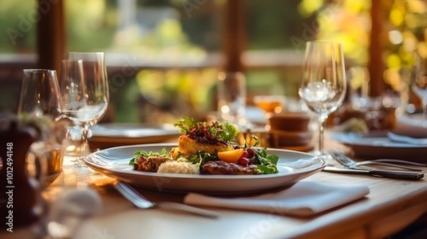 Fototapeta A table setting in a fine dining restaurant with a seasonal tasting menu showcasing fall-inspired dishes with earthy tones