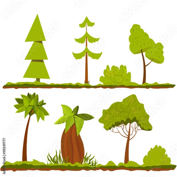 Fototapeta Set of  stylized trees and bushes. Vector cartoon illustration.