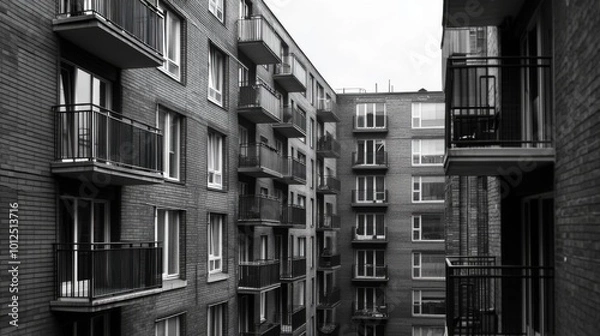 Fototapeta A black and white photo of a narrow courtyard between two apartment buildings.  The buildings are made of brick and have balconies.