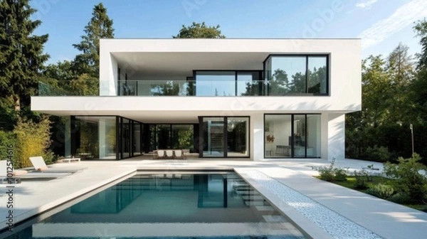 Obraz Modern White House with Swimming Pool and Patio