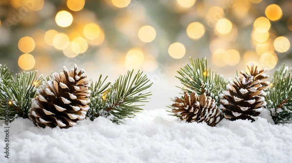 Fototapeta Winter Wonderland with Snowy Pinecones and Evergreen Branches Surrounded by Soft Snow