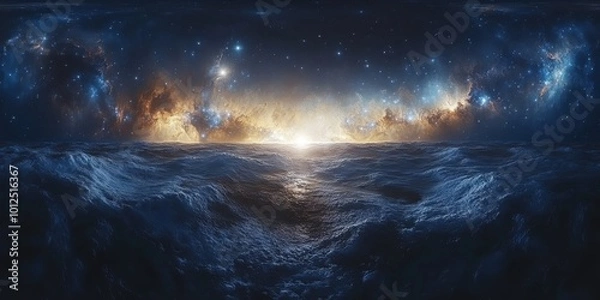 Fototapeta Stunning cosmic ocean scene with starry sky and glowing horizon.