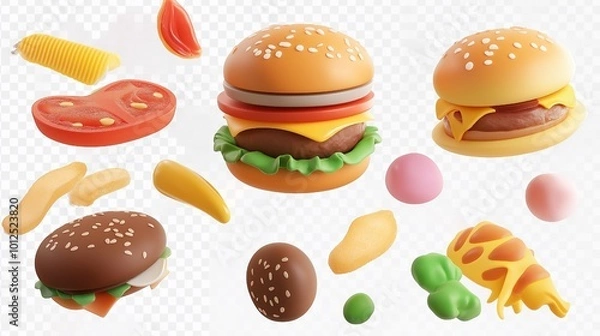 Fototapeta PNG burger collection of three-dimensional icons and objects, minimal cartoon style on transparent white background, isolate