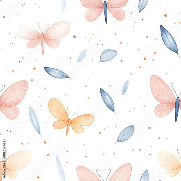 Fototapeta Seamless pattern with delicate butterflies and light leaves. Perfect for nature-inspired designs and stationery.
