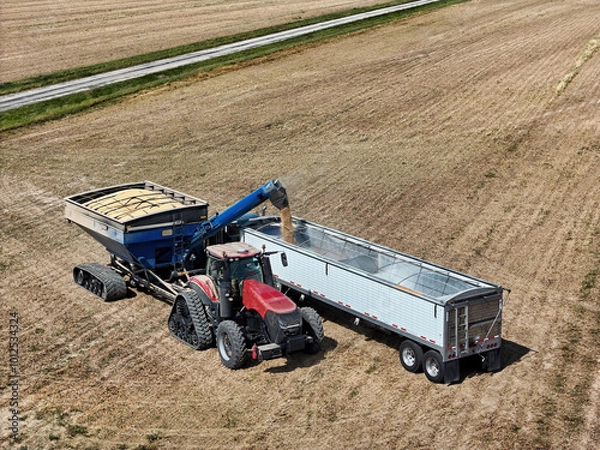 Obraz tracked tractor and grain cart loading soybeans into a grain truck for transport
