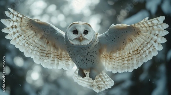 Obraz A stylish owl flying gracefully above the runway in a flowing cape and tailored trousers, showcasing an ethereal, high-fashion style