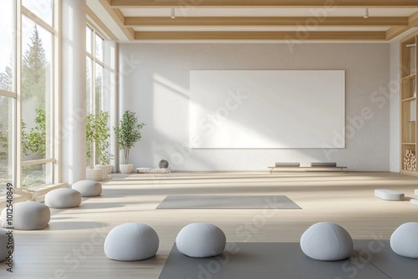 Fototapeta Modern concrete yoga gym interior with equipment, empty billboard on wall, daylight and wooden flooring. Healthy lifestyle concept. Mock up, 3D Rendering