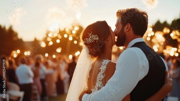 Fototapeta The bride and groom embrace in a romantic dance at an outdoor wedding reception illuminated by warm lights, with a sunset backdrop creating a magical ambiance.