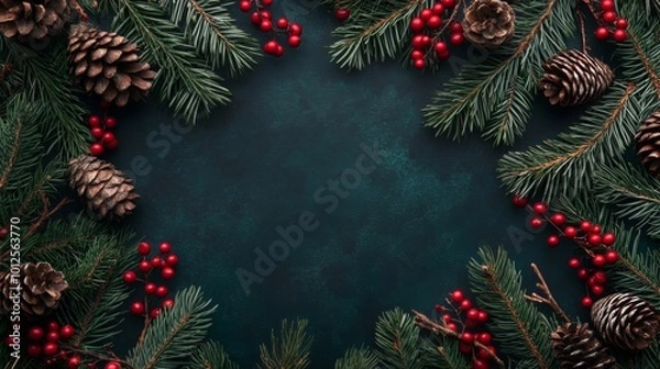 Fototapeta Christmas Border Frame of Tree Branches, Red Berries, and Pine Cones on Dark Wood Background