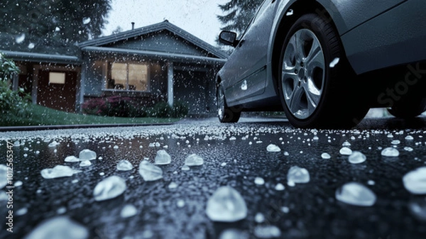 Fototapeta Hail damage on a car and roof, suburban home, damage outside. A damaging hailstorm, hail stones on the ground, hail damaged house and car, storm over a property, insurance claim