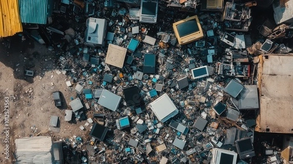 Fototapeta Piles of discarded electronics at an e-waste dump, illustrating the growing problem of electronic waste and its toxic impact on the environment