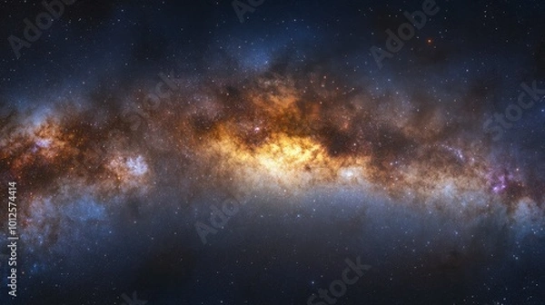 Fototapeta A panoramic galaxy scene with the Milky Way's bright core, surrounded by twinkling stars and faint cosmic clouds.
