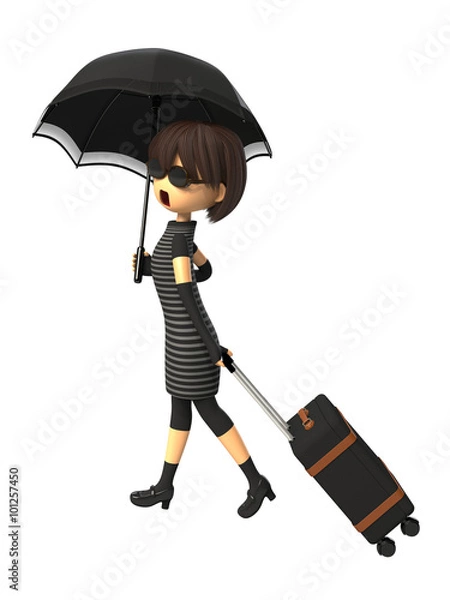 Obraz 日傘をさしてキャリーバッグを運ぶ女性