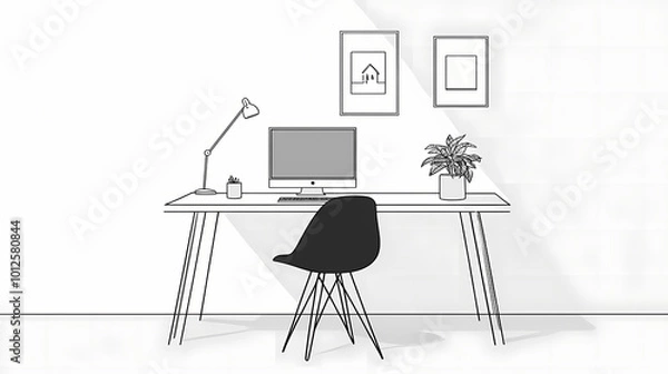 Fototapeta A minimalist home office with a sleek desk, ergonomic chair, and minimal decor, providing a focused and clutter-free workspace. Minimalist Design. Illustration
