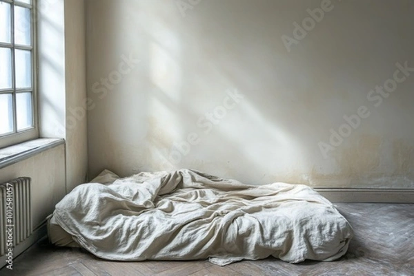 Fototapeta Empty Room with a Linen-Covered Bed