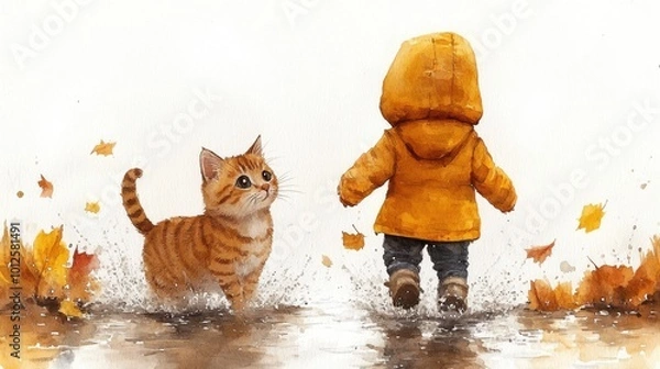 Fototapeta A child and cat joyfully splashing in the rain together in a minimal cartoon style, painted in watercolor on a white background 
