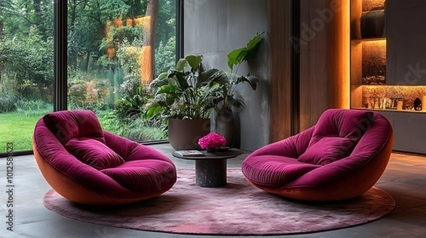 Fototapeta Two plush velvet chairs in a modern living room with a large window overlooking a lush garden.