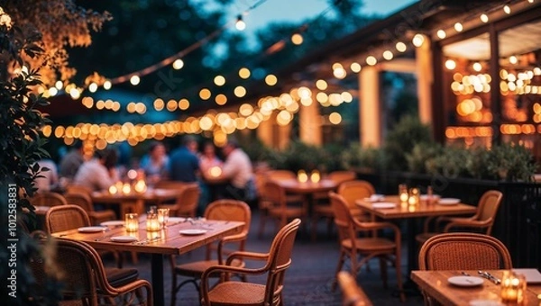 Fototapeta Outdoor restaurant tables set with warm string lights in the evening glow.