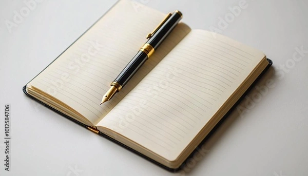 Fototapeta Minimalist Workspace with Pen on White Blank Notebook, Overhead View