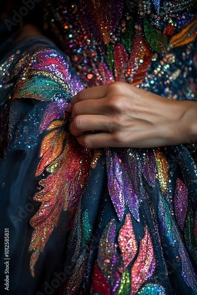 Fototapeta Close-up of a hand adjusting a sequined and embroidered fabric.