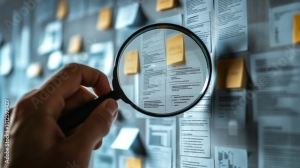 Fototapeta Magnifying glass examining documents and sticky notes on a bulletin board, highlighting detailed analysis, research, and organization. Improve insights.