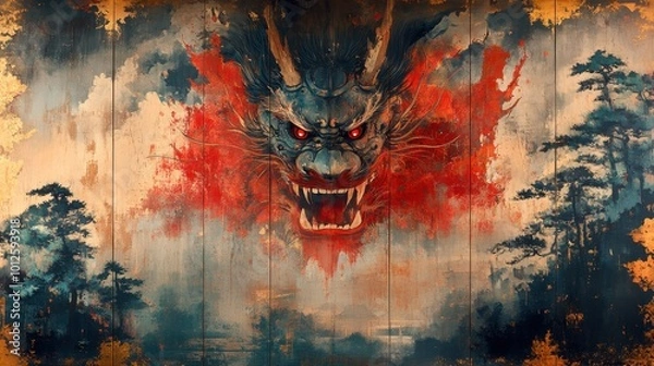 Fototapeta A fierce oni yokai standing guard at the entrance of a temple, painted in bold reds and blacks, contrasting with the delicate landscape around it 