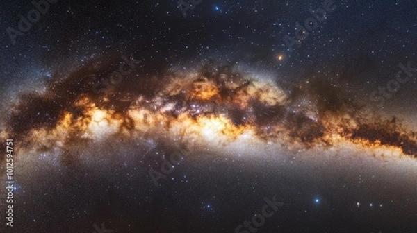 Fototapeta A wide panorama of the Milky Way galaxy with dense star clusters, glowing nebulae, and dark cosmic voids, stretching across the night sky.