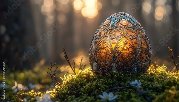 Fototapeta Delicate Easter Egg Amidst Mossy Serenity - Close-Up Nature Photography with Soft Morning Light Filtering Through Trees