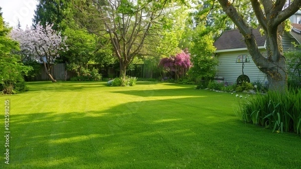Obraz A neatly trimmed lawn with vibrant green grass, perfect for a summer background