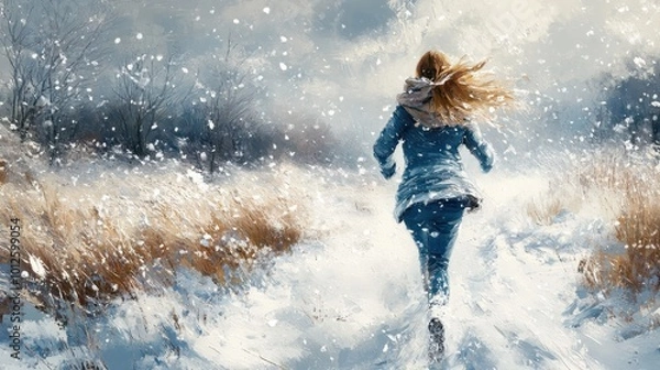Fototapeta Back view of a woman running in snow, winter landscape