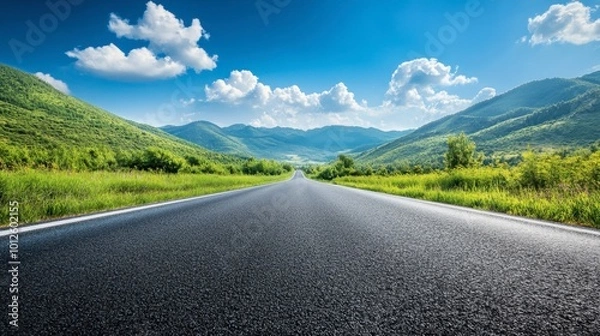 Obraz An asphalt road stretching towards green mountains, with a bright blue sky and puffy clouds on a sunny, clear day.