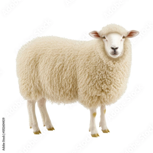 Obraz Soft and fluffy sheep standing alone on a bright white background, emphasizing its gentle features and woolly coat.